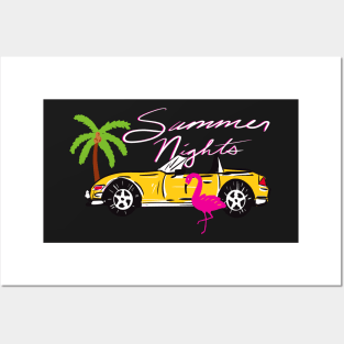 Ditsy 80s/90s Aesthetic Miami Pink Flamingo Exotic Car Pattern On Dark Blue Background Posters and Art